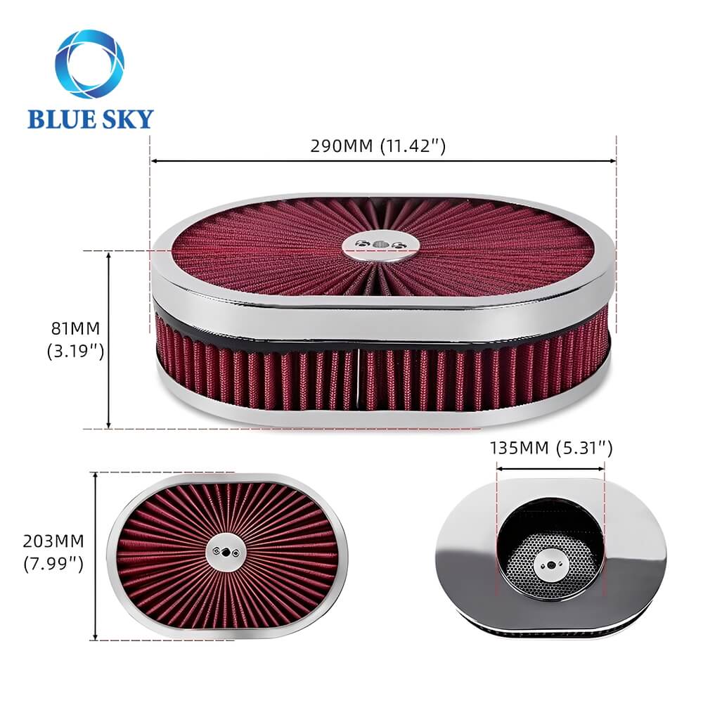 Size of High Performance Customized 12x2 Oval Air Filter Kit for 5-18 Carb Neck 5-18 キャブネック用高性能カスタマイズ 12x2 オーバルエアフィルターキットのサイズ