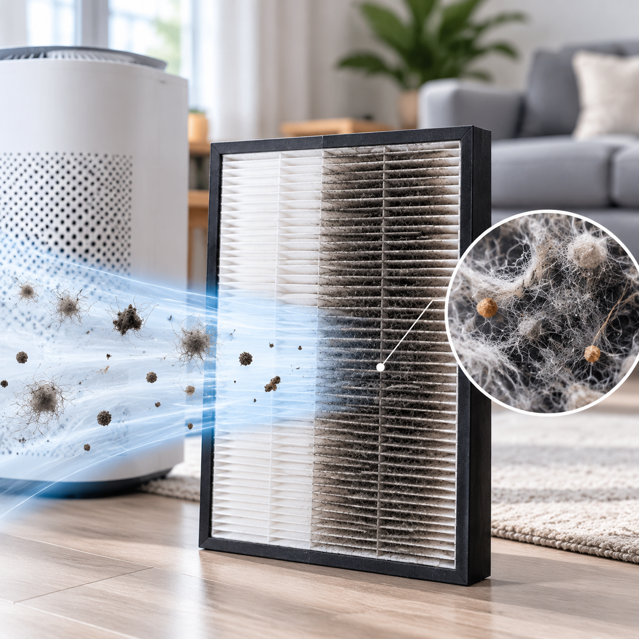 Air purifier filter darkened by trapped dust and soot beside a replacement filter 交換用フィルターの横にあるホコリや煤が捕らえられて黒ずんだ空気清浄機のフィルター