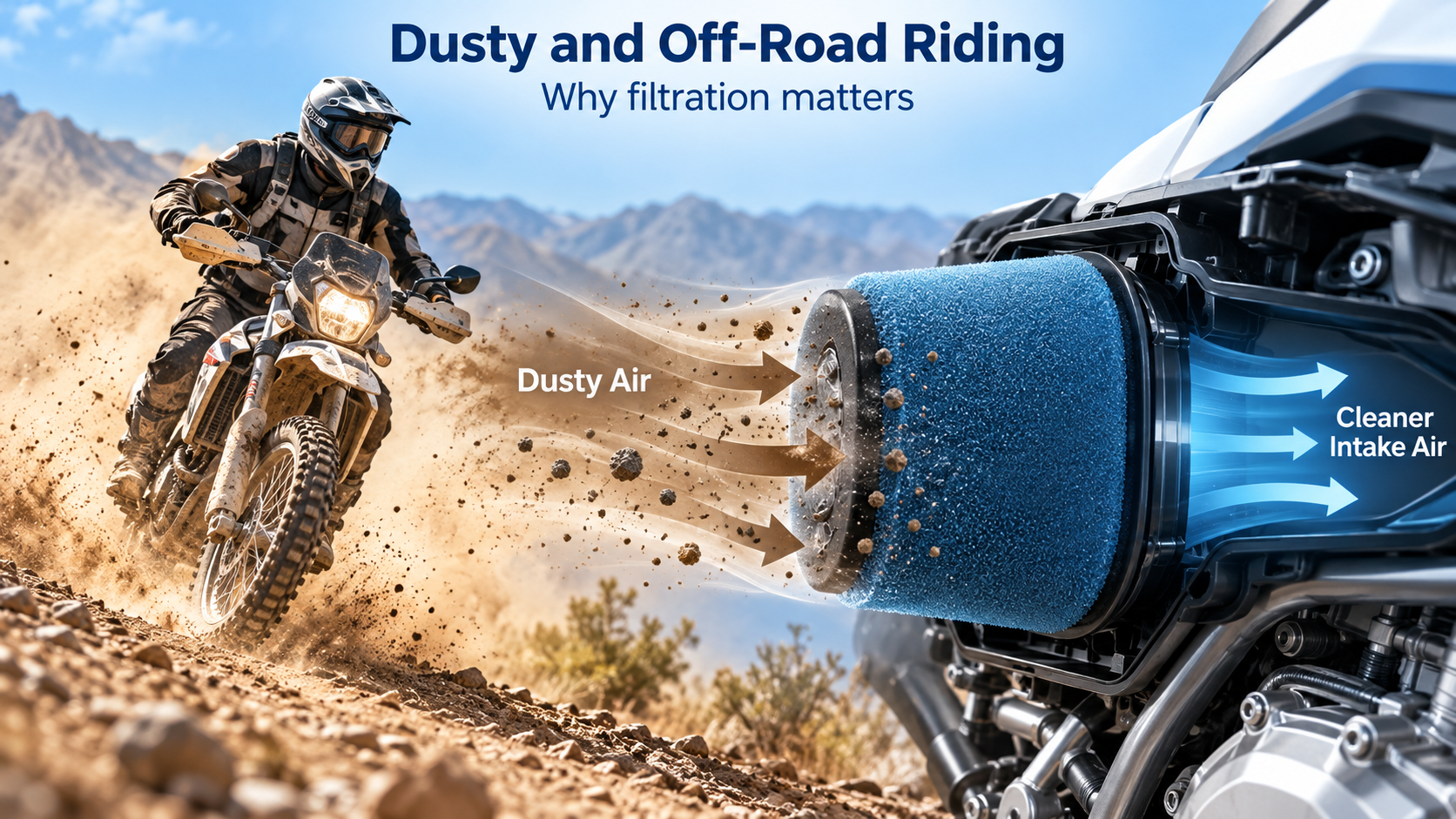 Motorcycle air filter protecting the engine from dust during off-road riding オフロード走行時の粉塵からエンジンを守るバイク用エアフィルター