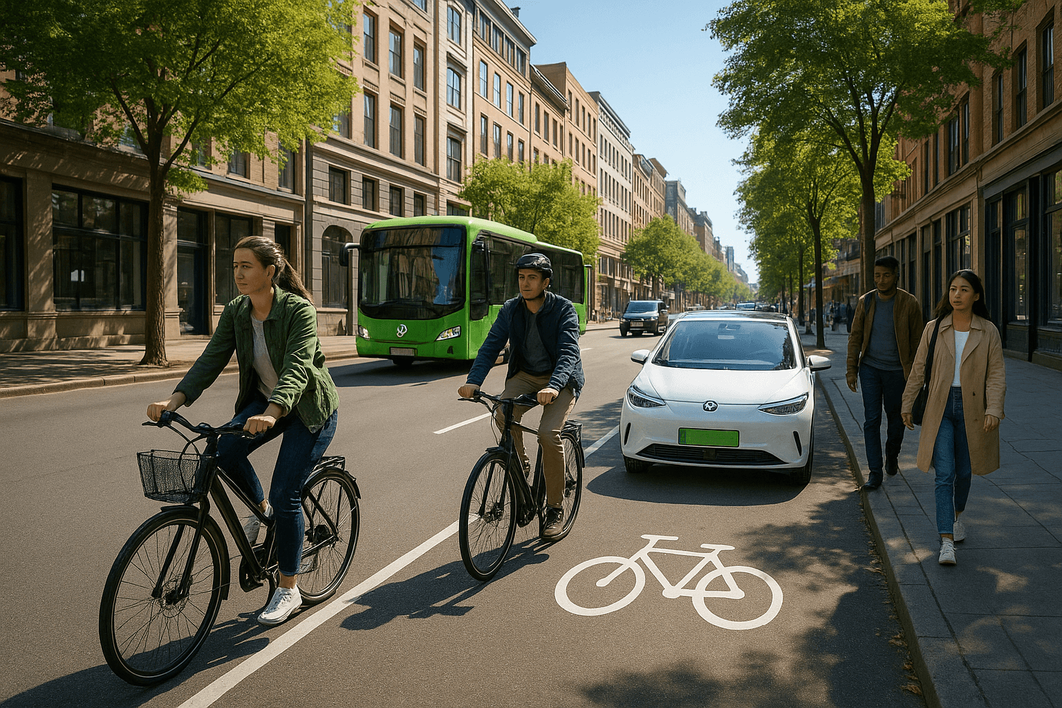 グリーンモビリティを説明する自転車、歩行者、電気自動車街路